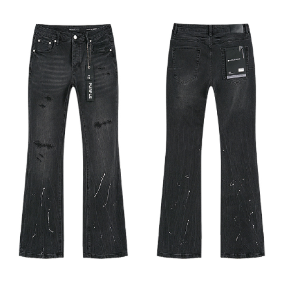 Black Washed Flared Denim Jeans with Multi-Slit Distressing and Paint Splatter